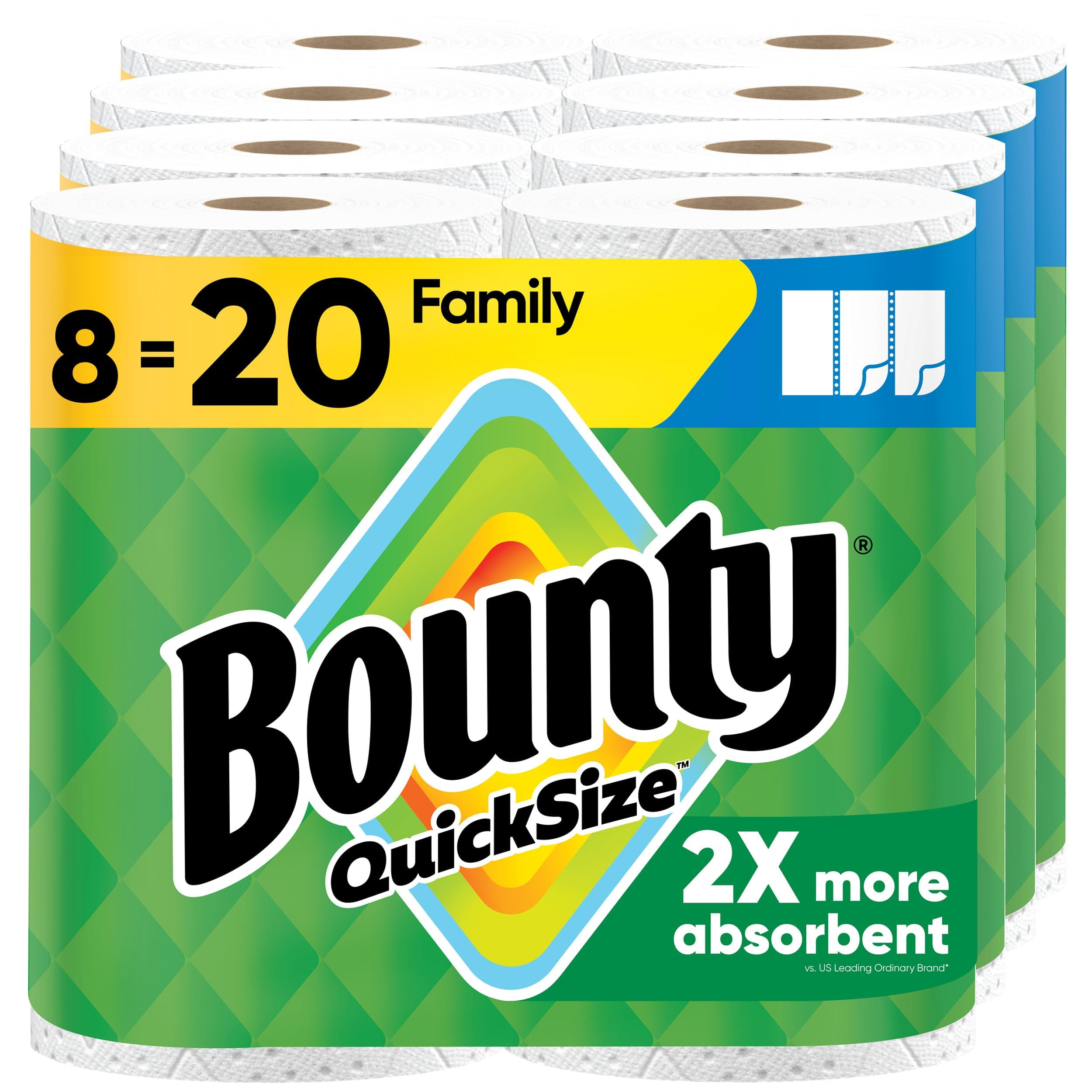 Bounty front packaging showing 8 family rolls and storage benefit