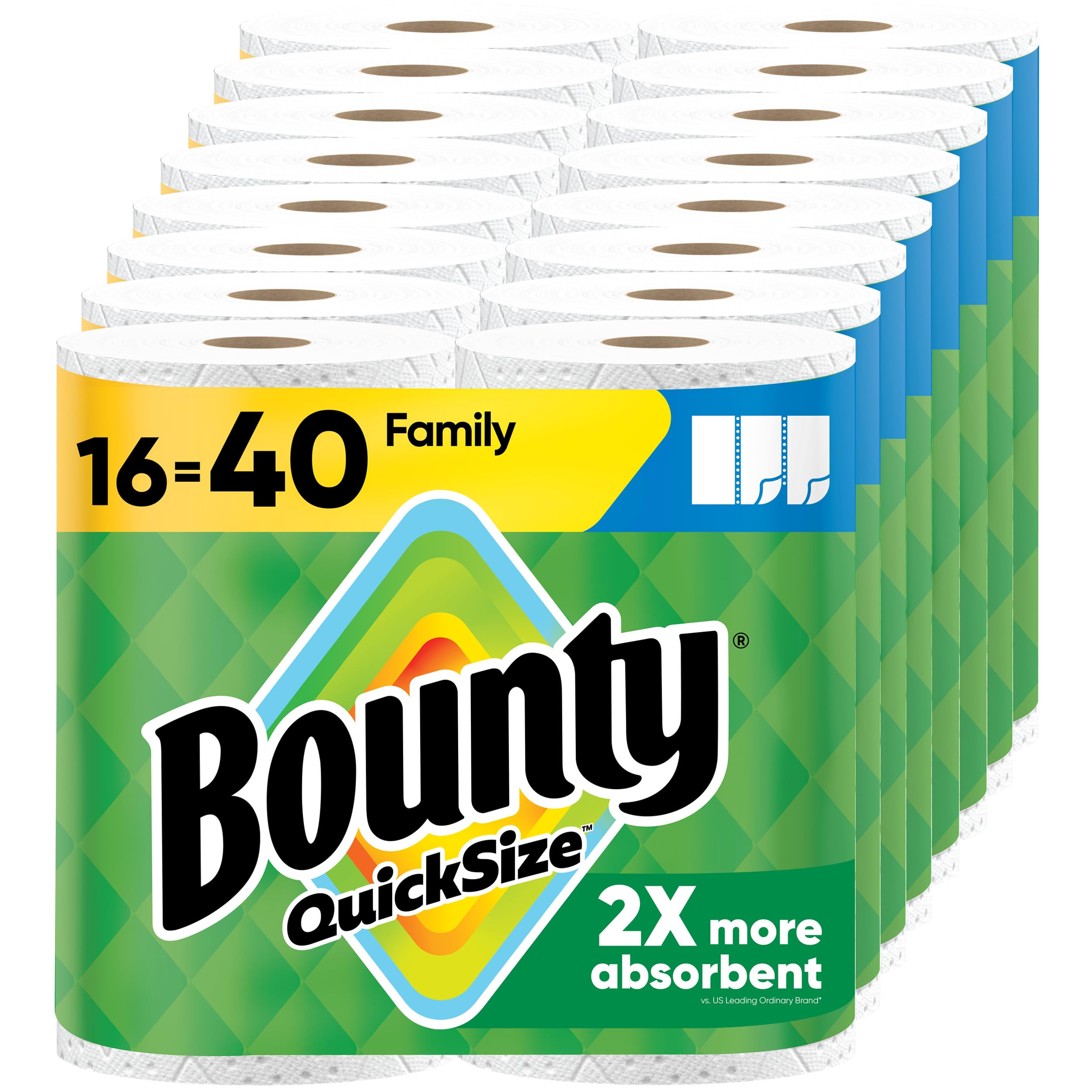 Bounty paquete frontal 16 Family Rolls mostrando ahorro y stock