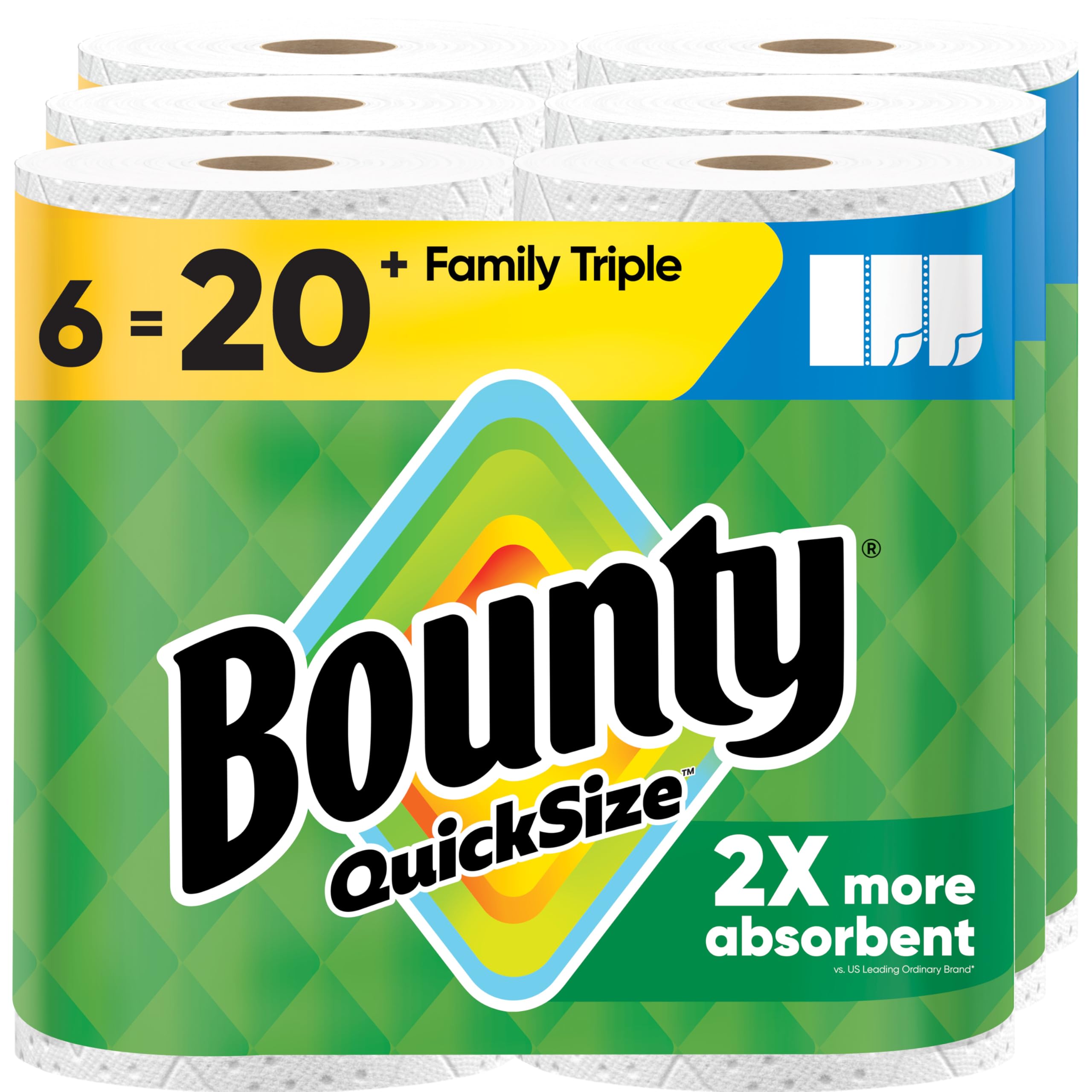 Bounty pack frontal 6 rollos mostrando volumen y conveniencia