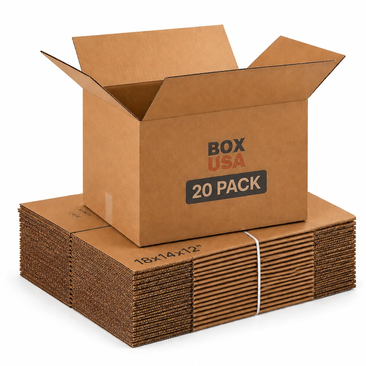 BOX USA paquete frontal 20 cajas mostrando ahorro de espacio