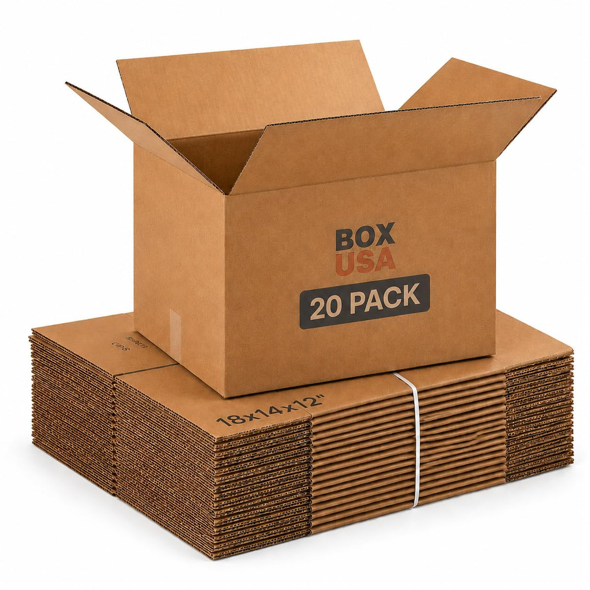 BOX USA paquete frontal 20 cajas mostrando ahorro de espacio