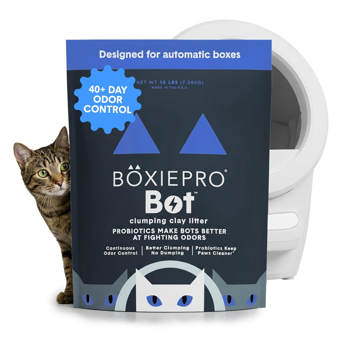 BoxiePro Bot frente del paquete mostrando 16 lb y beneficios