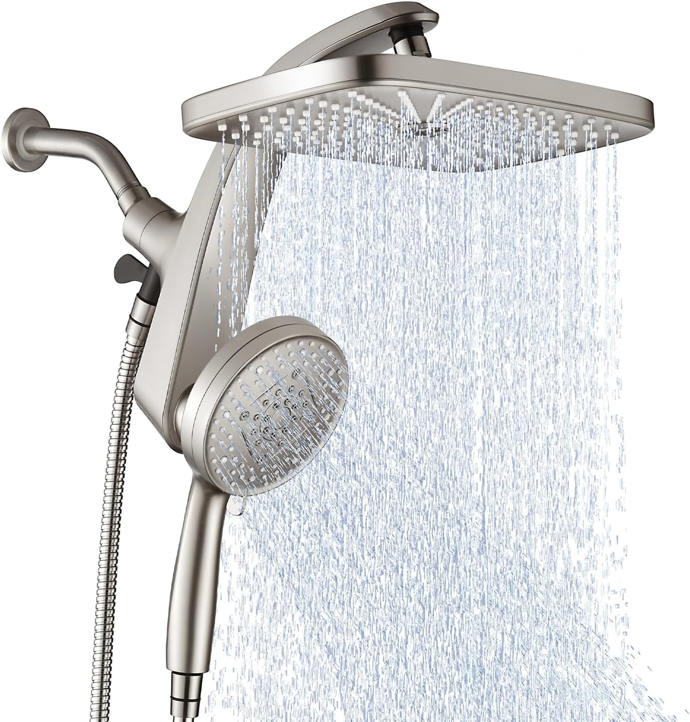 BOZYBO front view showing 12-inch rain head and handheld, highlights full coverage