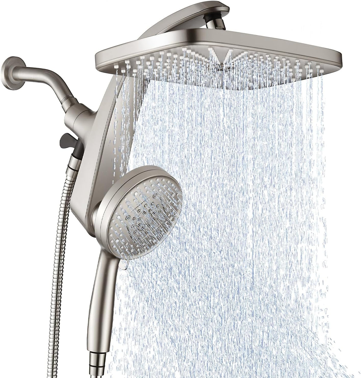 BOZYBO front view showing 12-inch rain head and handheld, highlights full coverage