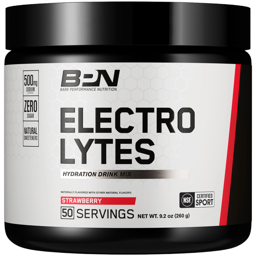 BARE PERFORMANCE NUTRITION envase delantero fresa mostrando raciones y beneficios