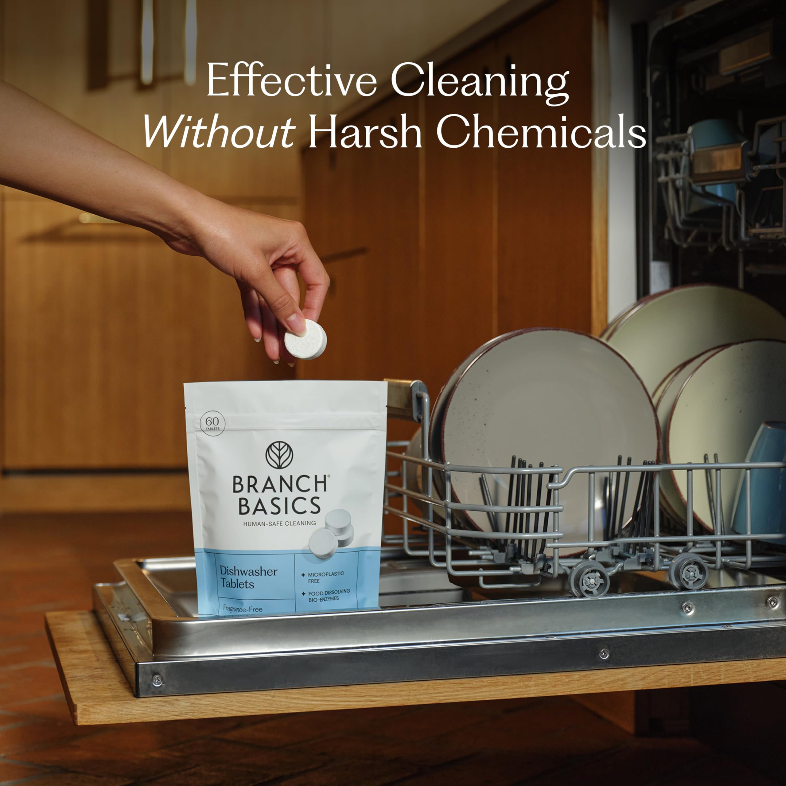 Branch Basics platos y copas brillantes tras lavado con beneficio de aclarado