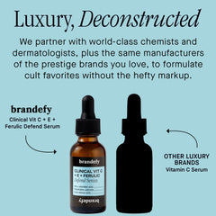 Brandefy label close-up listing L-ascorbic acid, ferulic acid, vitamin E benefits