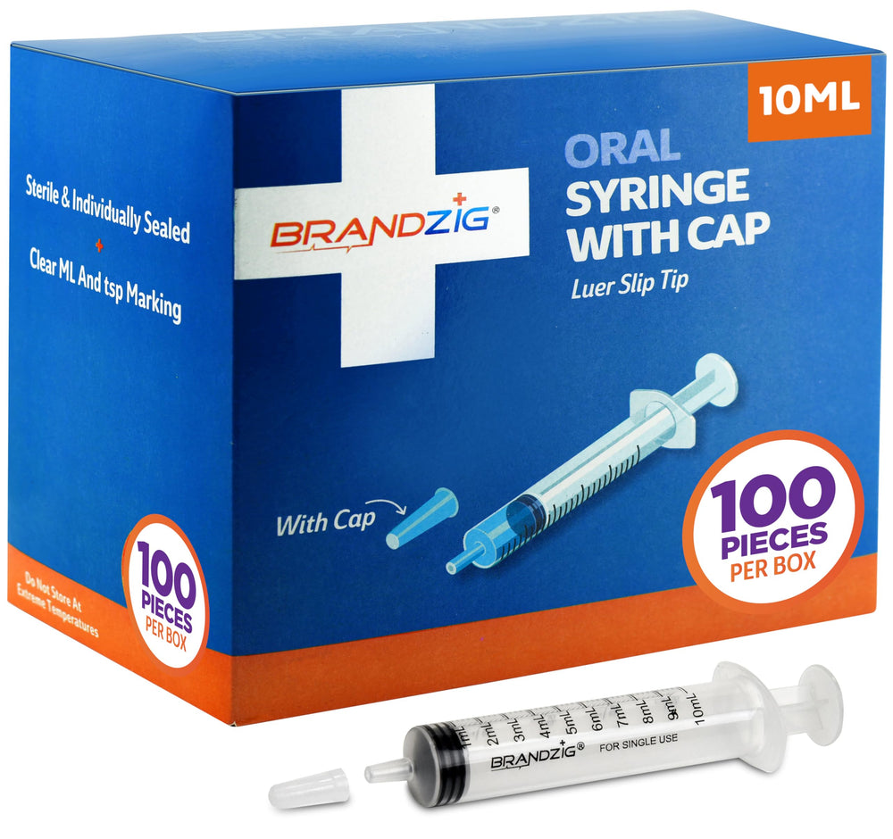 BRANDZIG jeringa 10 ml vista frontal con tapa, facilidad de dosificación