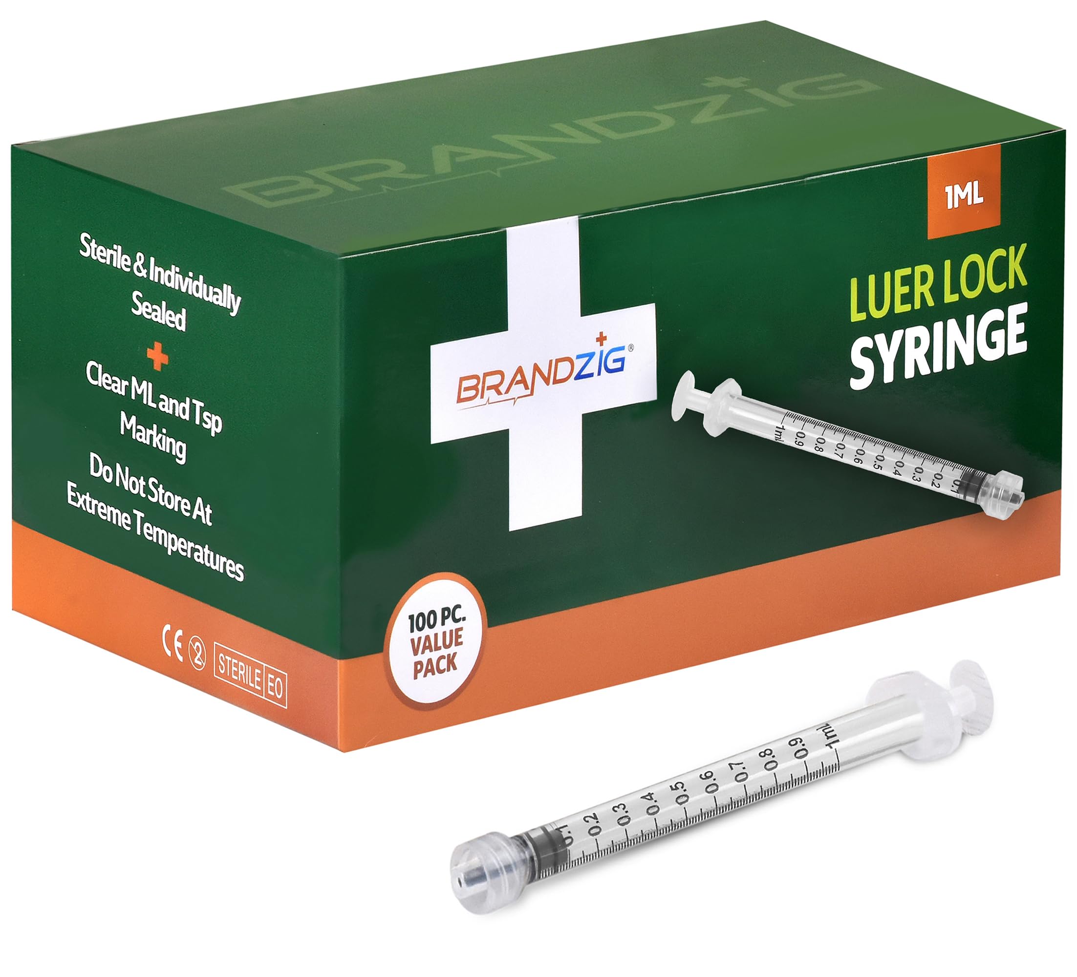 BRANDZIG jeringa 1mL vista frontal, empaque individual y graduaciones claras
