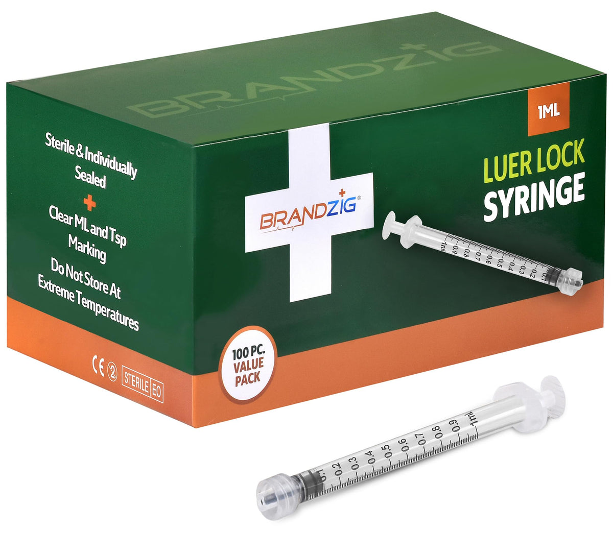 BRANDZIG jeringa 1mL vista frontal, empaque individual y graduaciones claras