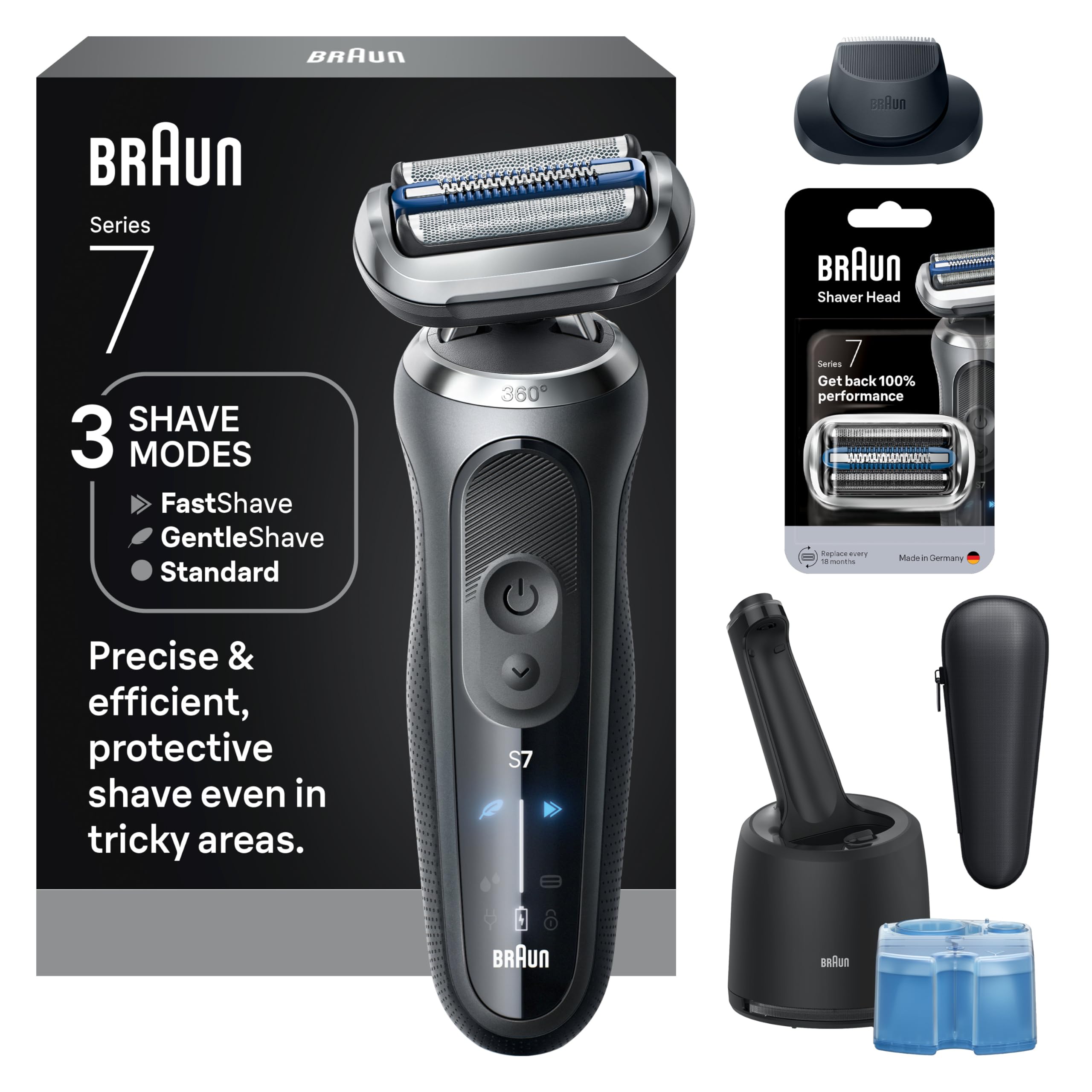 Braun Series 7 front view showing ergonomic handle and controls for comfortable grip