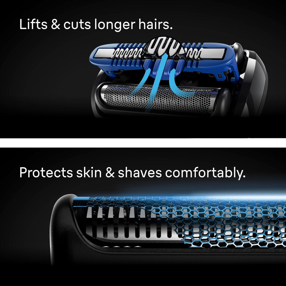 Braun Series 7 held beside a razor for size comparison and travel-friendly scale