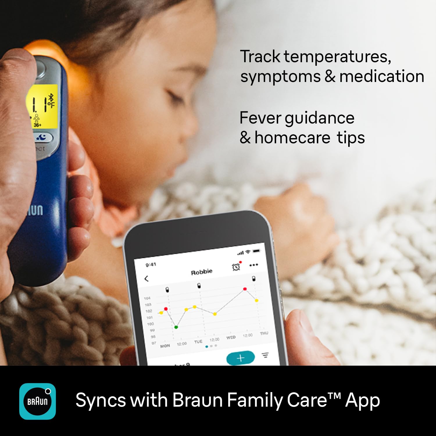 Braun ThermoScan 7+ ExacTemp indicator detail confirming correct probe placement and reliability