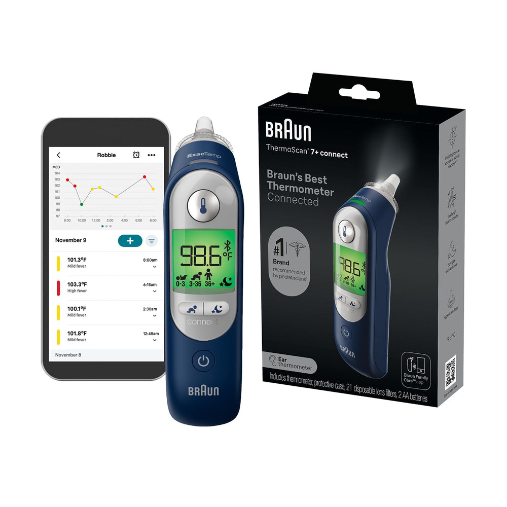 Braun ThermoScan 7+ front view showing ergonomic grip and display, built for accuracy