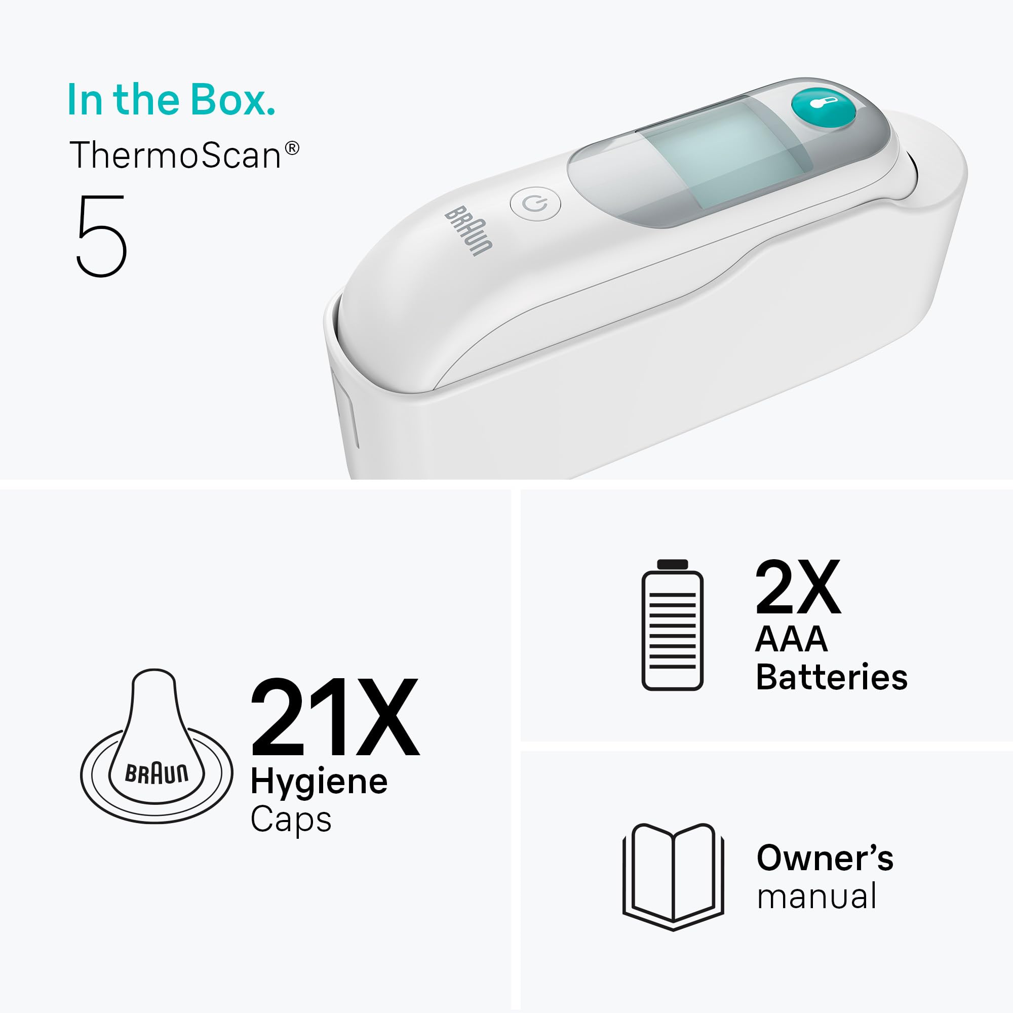 Braun ThermoScan 5 al lado de una mano para comparar tamaño y ergonomía