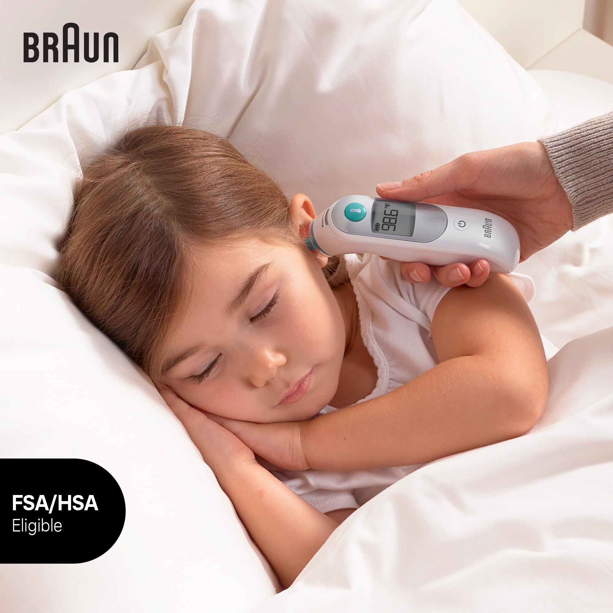 Braun ThermoScan 5 en uso con un bebé, medición suave y rápida