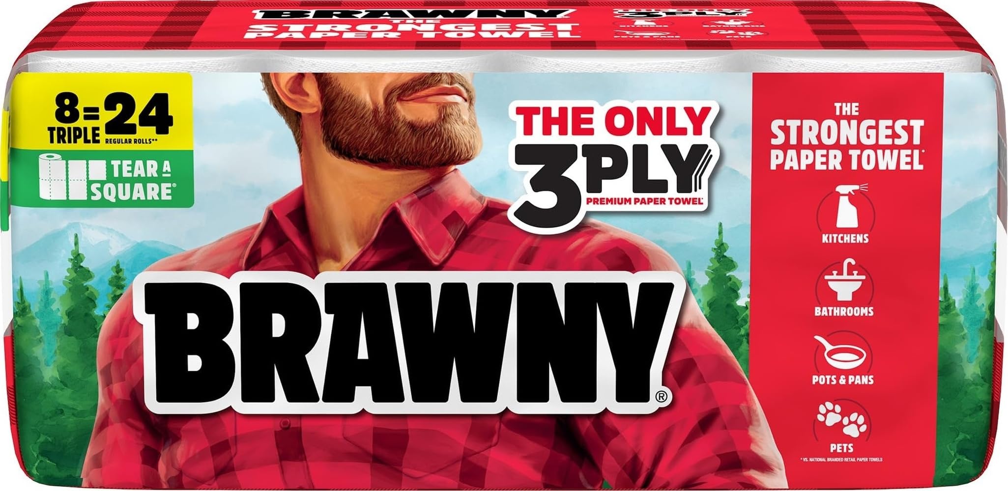 Brawny frente del paquete mostrando 8 triple rolls y ahorro
