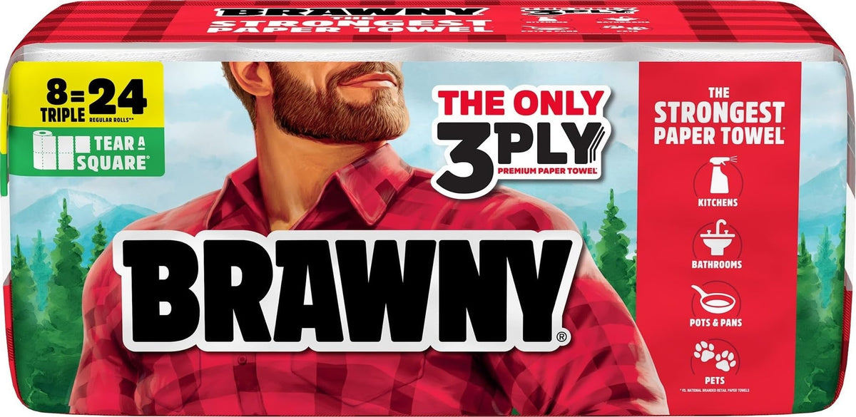 Brawny frente del paquete mostrando 8 triple rolls y ahorro
