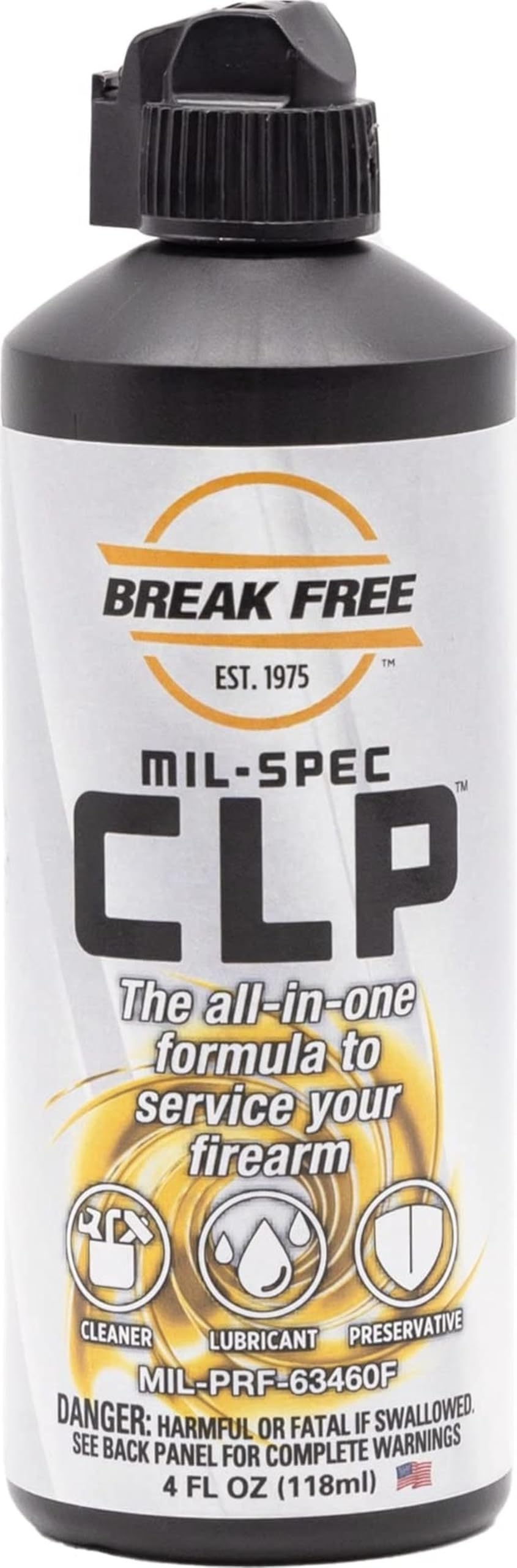 Break Free envase frontal 4 oz mostrando etiqueta y dosificador, fácil aplicación