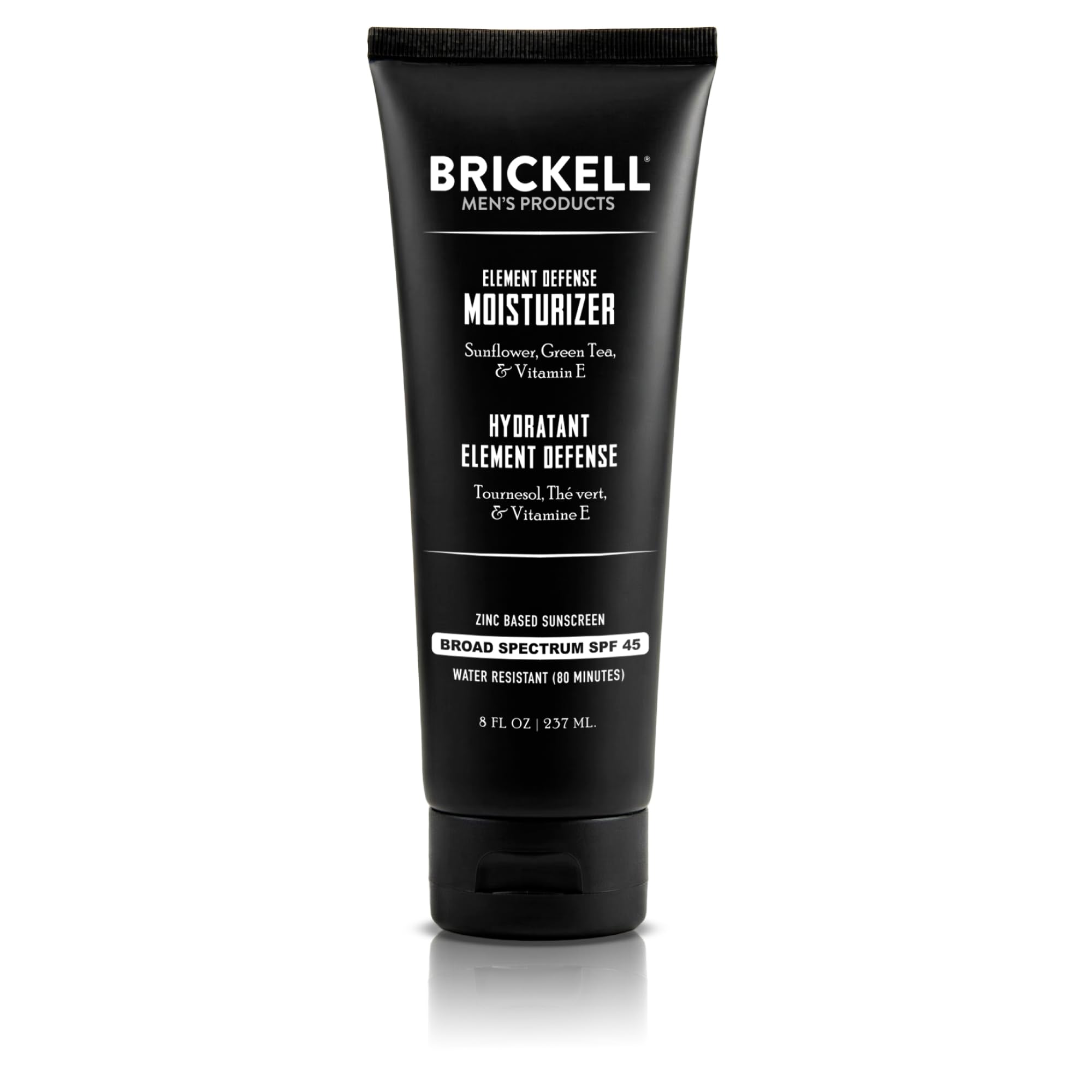 Brickell tubo frontal mostrando sello SPF45 y beneficio de protección
