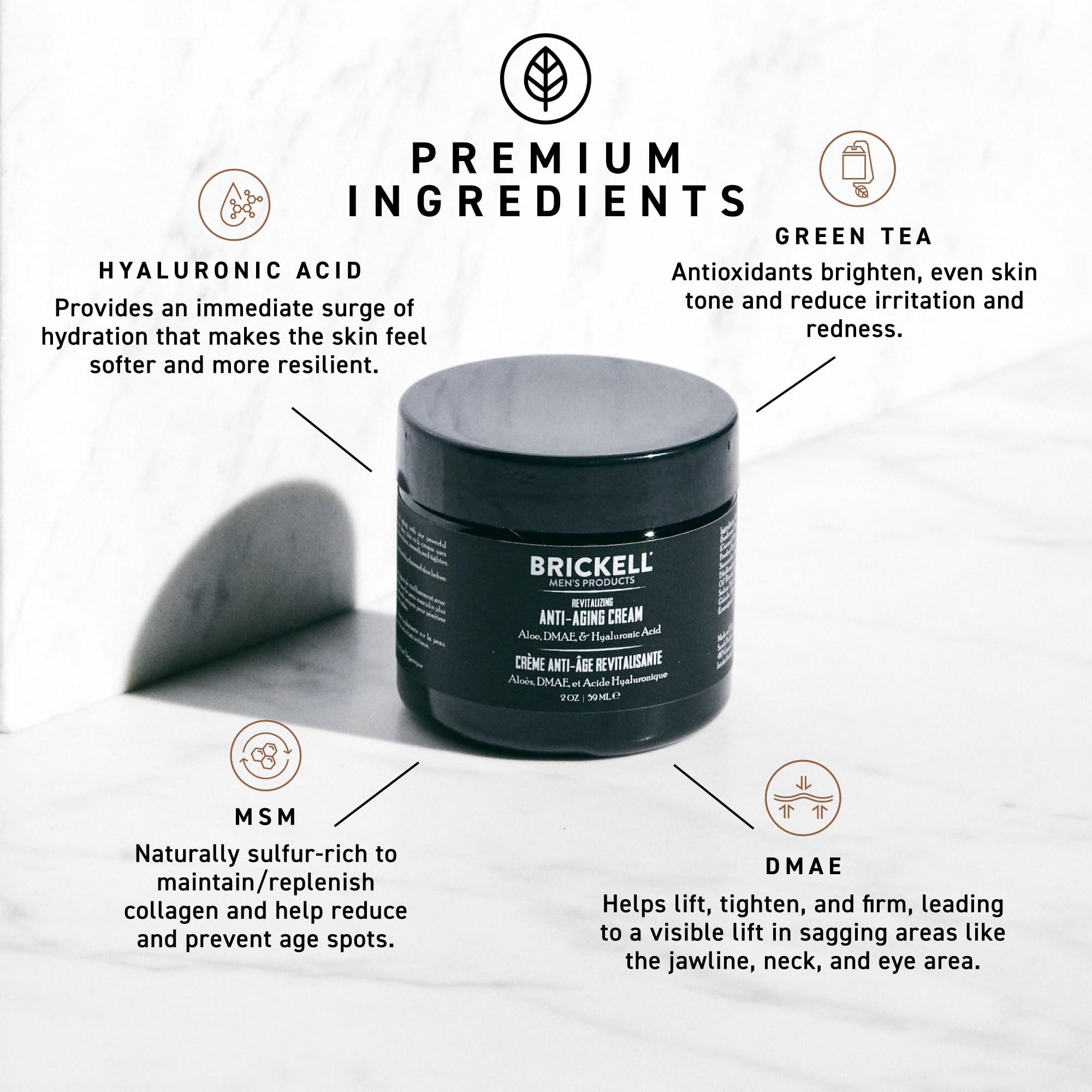 Brickell Men's Products open jar displaying creamy texture and quick-absorbency benefit