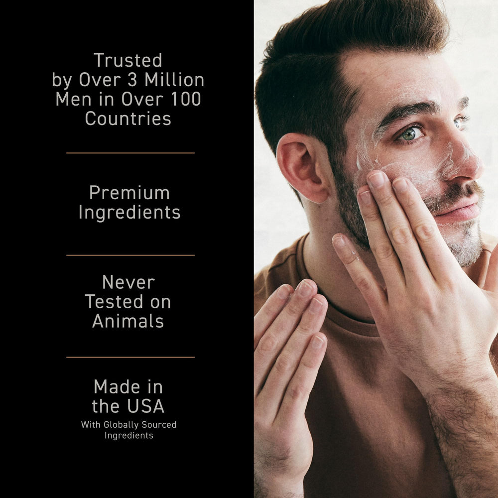 Brickell Men's Products on bathroom shelf in lifestyle shot showing premium grooming routine benefit