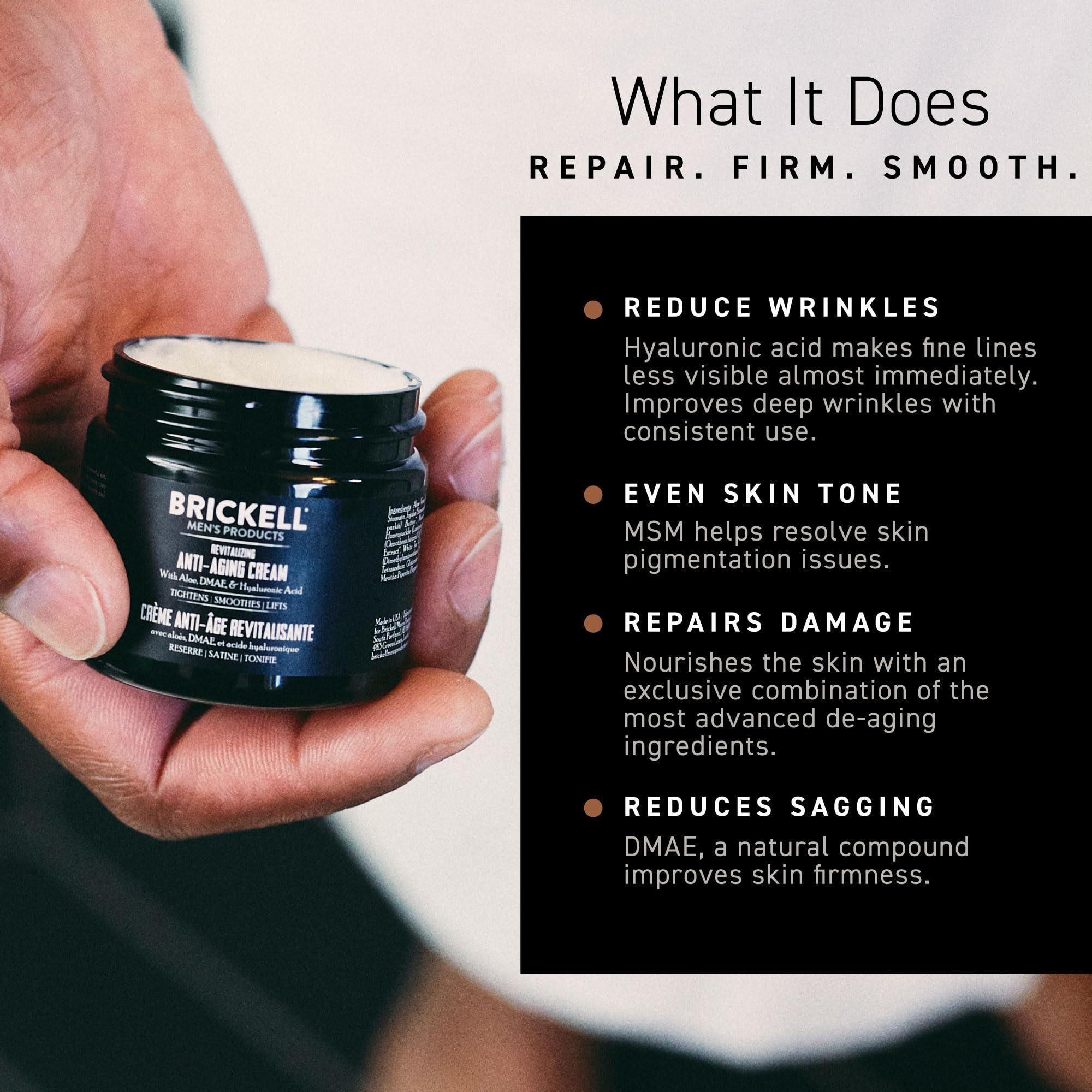 Brickell Men's Products label close-up highlighting ingredient list and transparency benefit