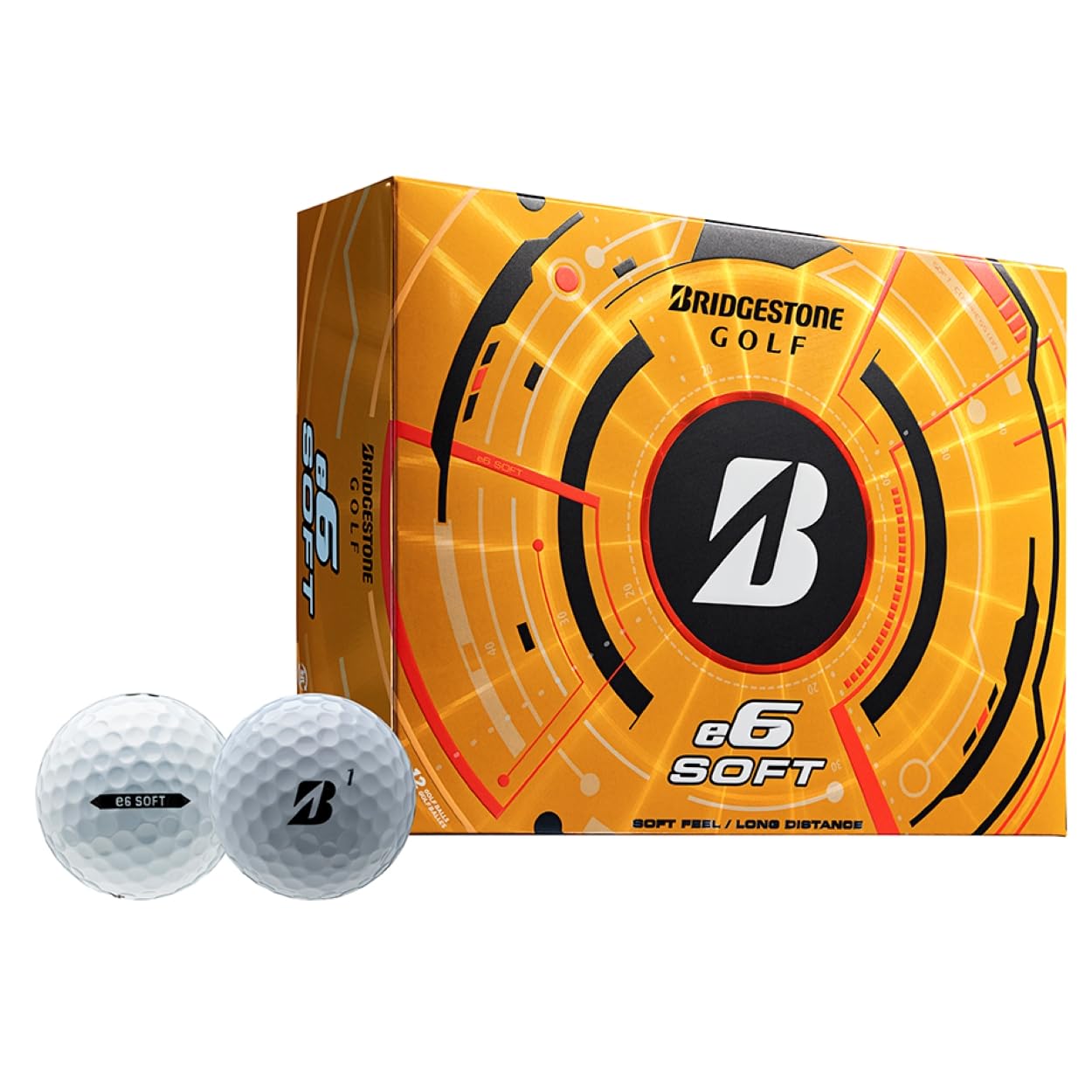 Bridgestone Golf e6 Soft vista frontal mostrando marca y acabado para sensación suave