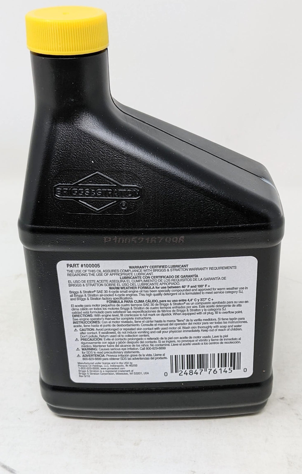 Briggs & Stratton detalle de botella de aceite 18oz, facilitando cambios rápidos sin derrames