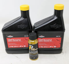 Briggs & Stratton vista frontal del paquete con aceite SAE 30 y aditivo, solución de mantenimiento