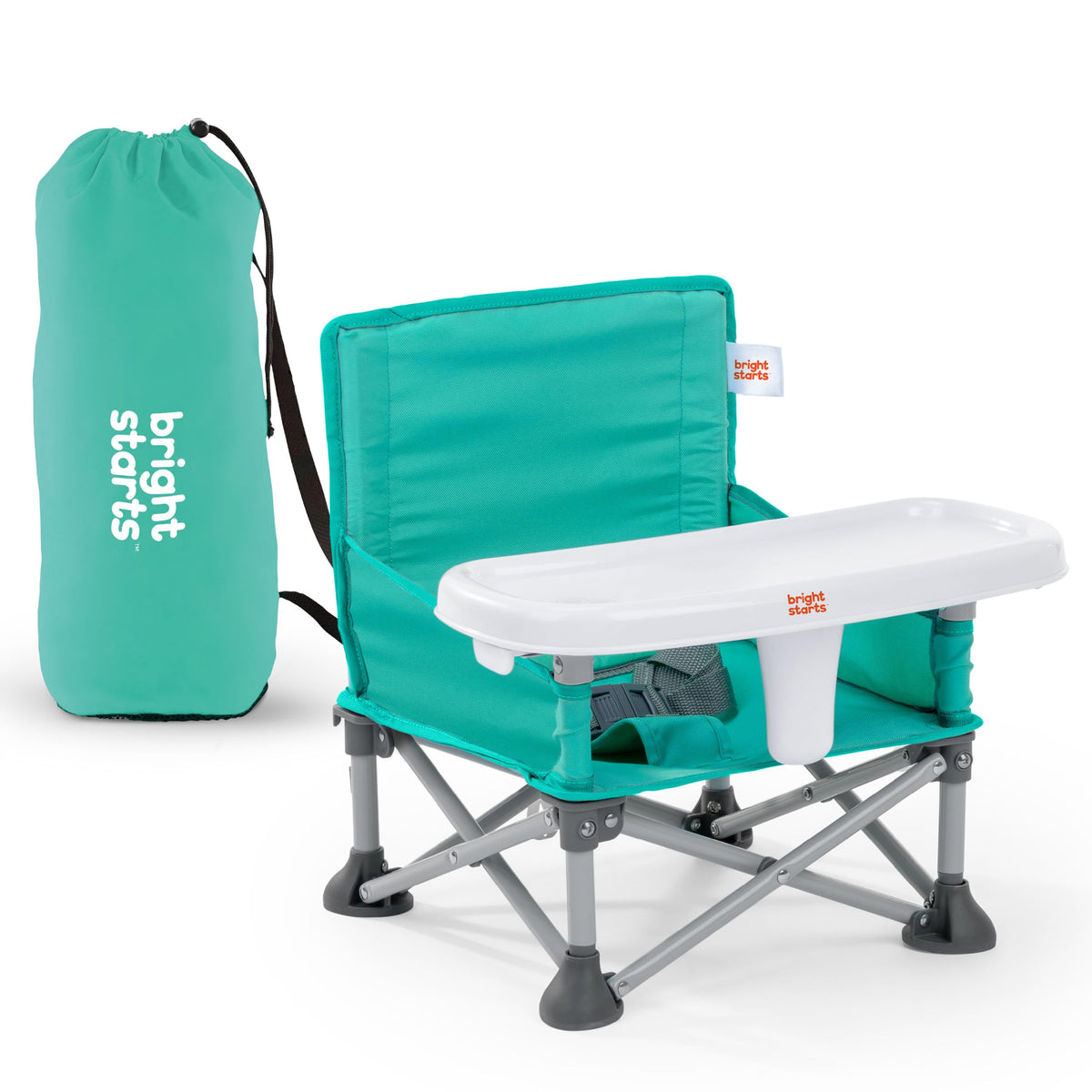 Bright Starts asiento frontal empaquetado mostrando portabilidad y diseño teal