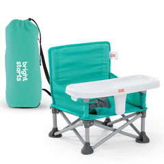 Bright Starts asiento frontal empaquetado mostrando portabilidad y diseño teal