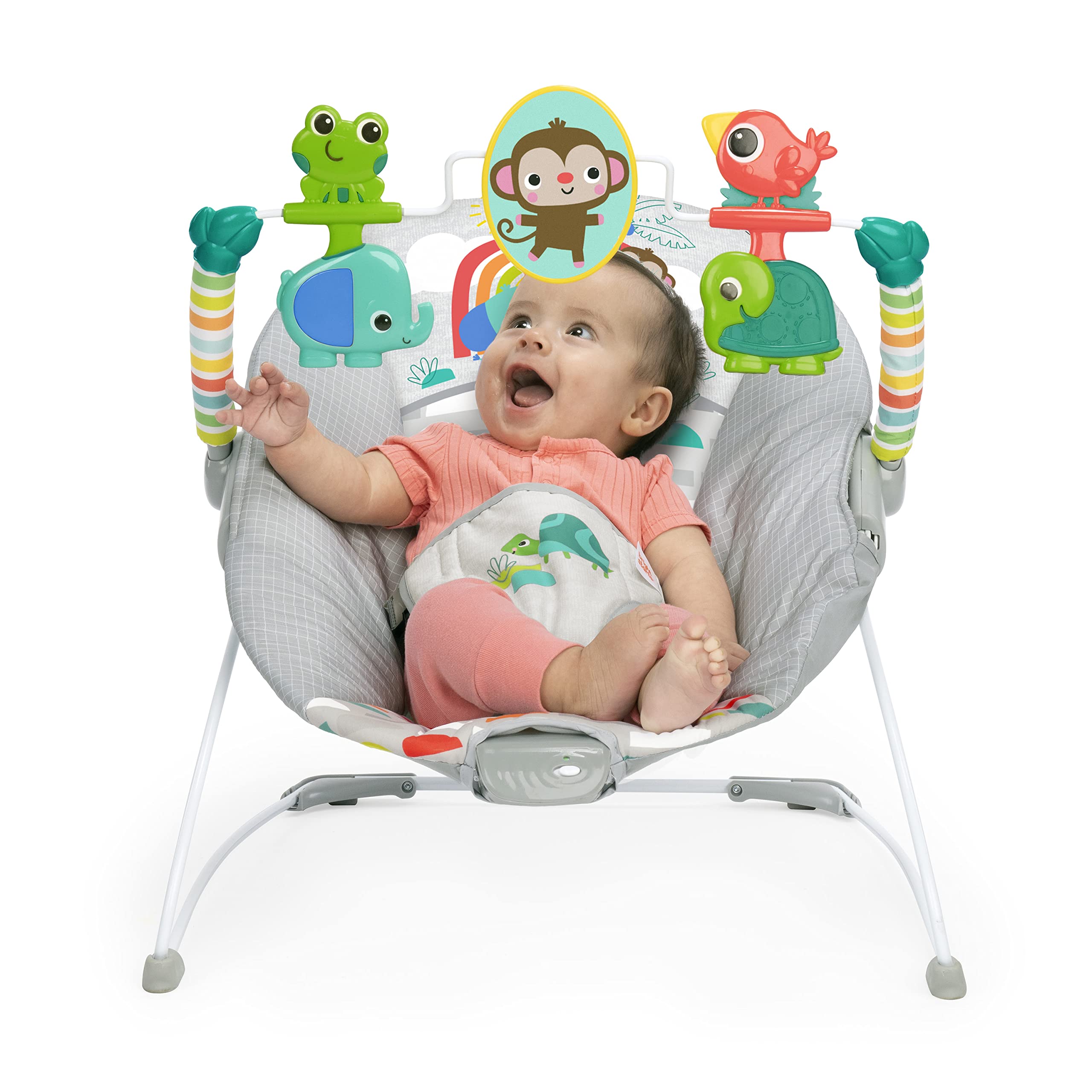 Bright Starts detalle de la tela del asiento, cómoda y lavable