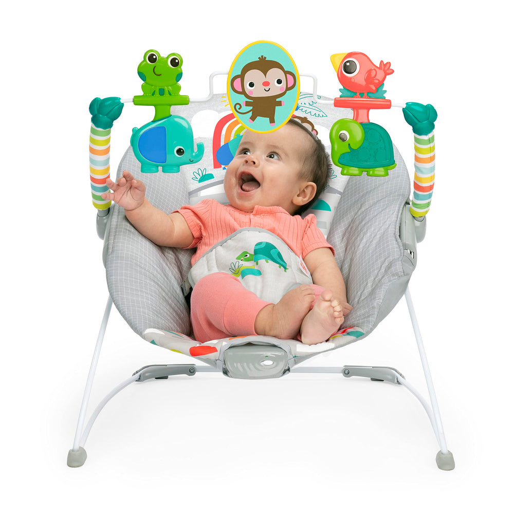 Bright Starts detalle de la tela del asiento, cómoda y lavable