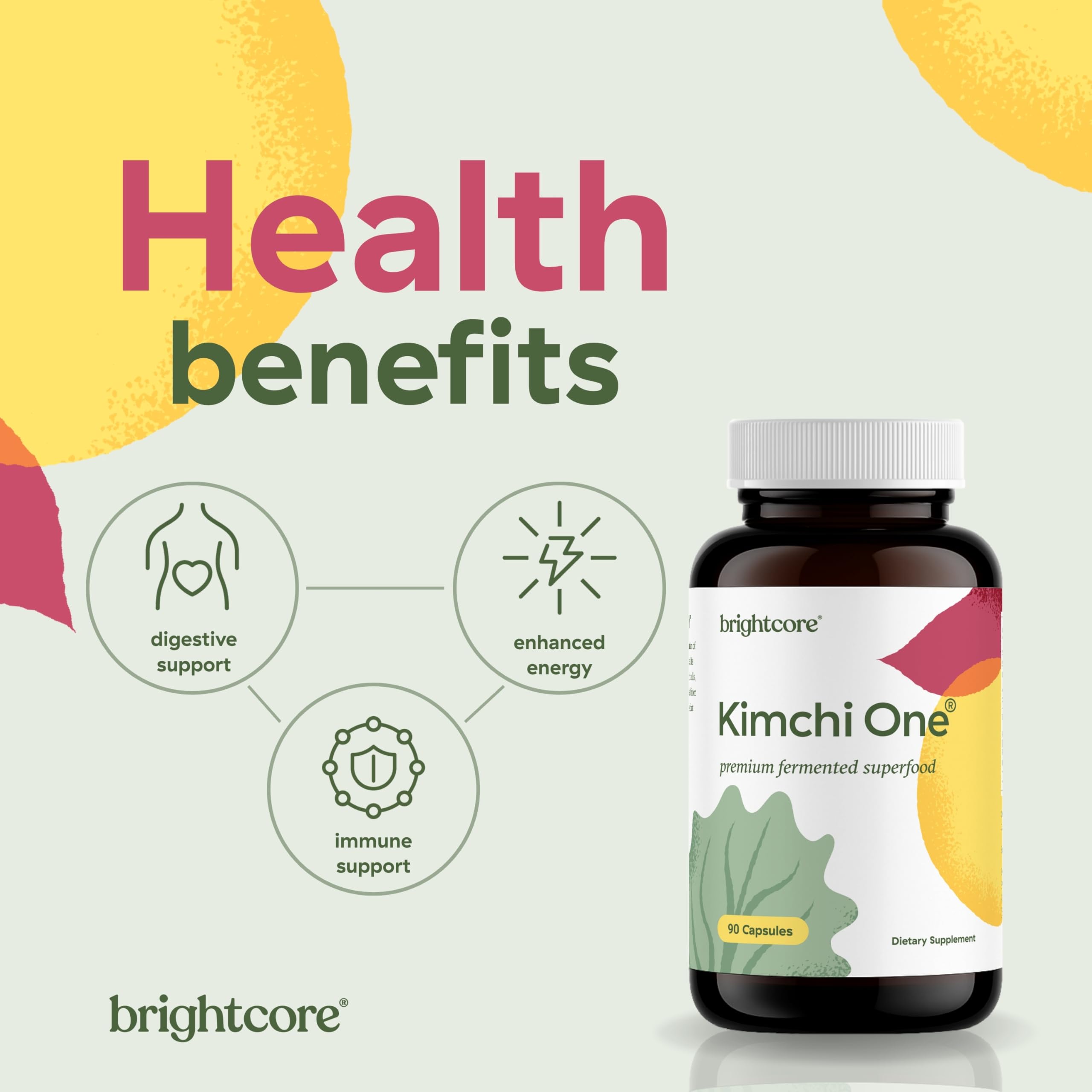 Brightcore Kimchi One cápsulas veganas en primer plano destacando recubrimiento fácil de tragar