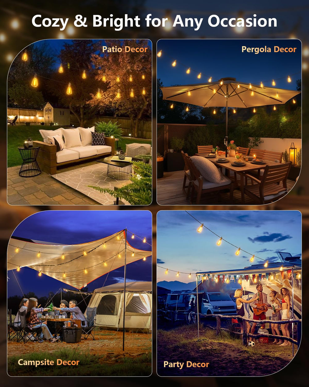 Terraza de noche iluminada por Brightown con luz cálida 2700K y ambiente acogedor
