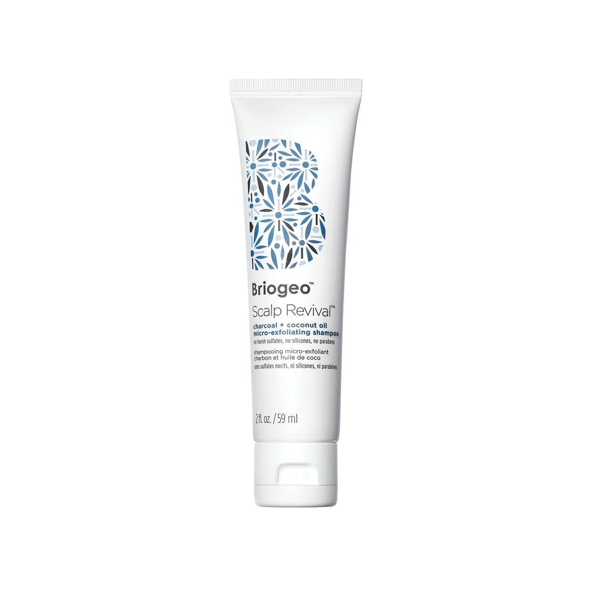 Briogeo frontal del champú con etiqueta visible y beneficios claros