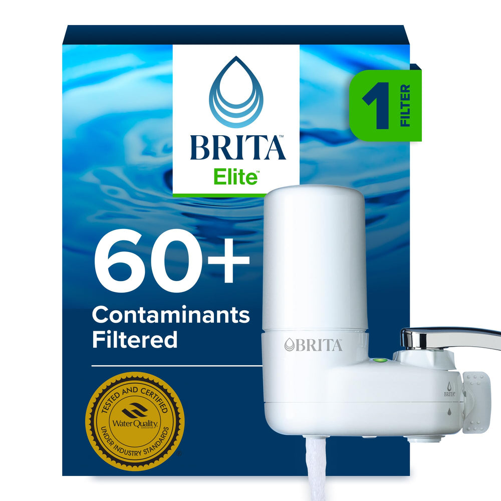 BRITA vista frontal del sistema montado en grifo con diseño blanco y ahorro de espacio
