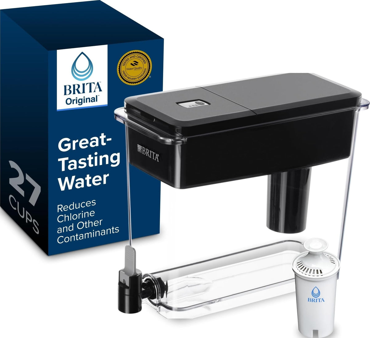 BRITA imagen frontal del dispensador de 27 tazas mostrando capacidad y forma, conveniencia