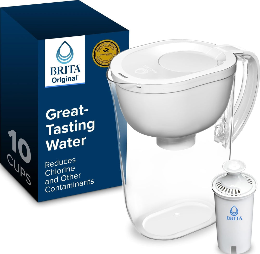 BRITA jarra frontal blanca mostrando capacidad de 10 tazas y facilidad de uso
