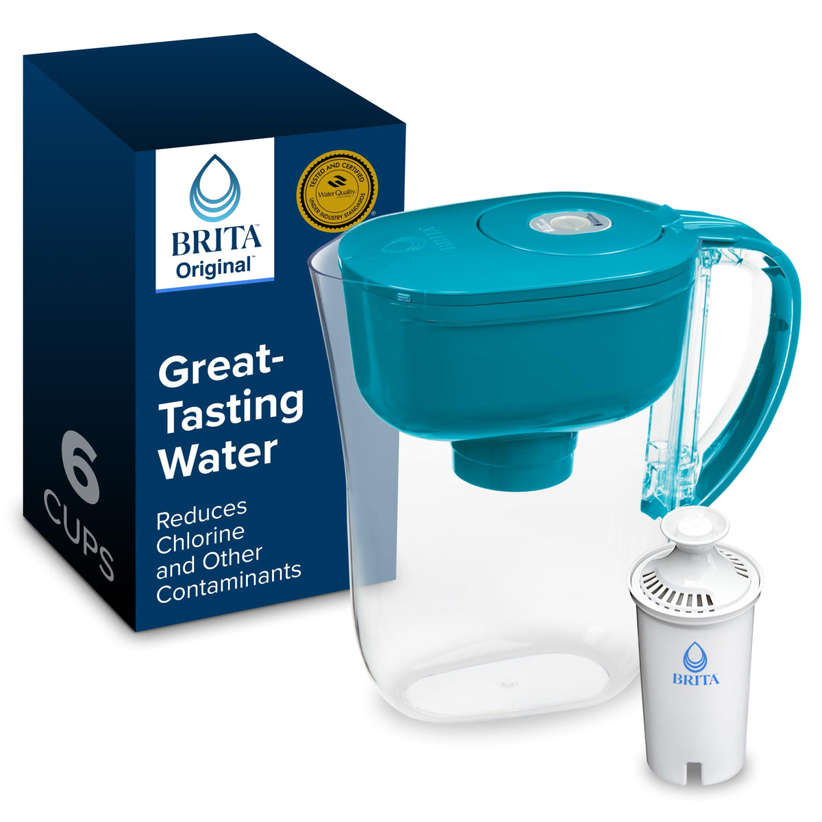 Brita jarra Metro frontal turquesa mostrando forma compacta y acceso rápido al agua