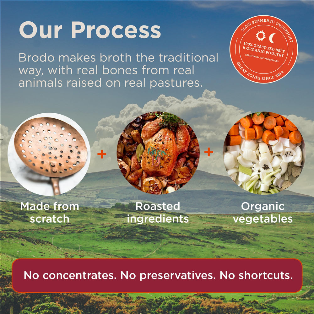 Brodo ingredientes orgánicos crudos: huesos, verduras, cúrcuma y jengibre