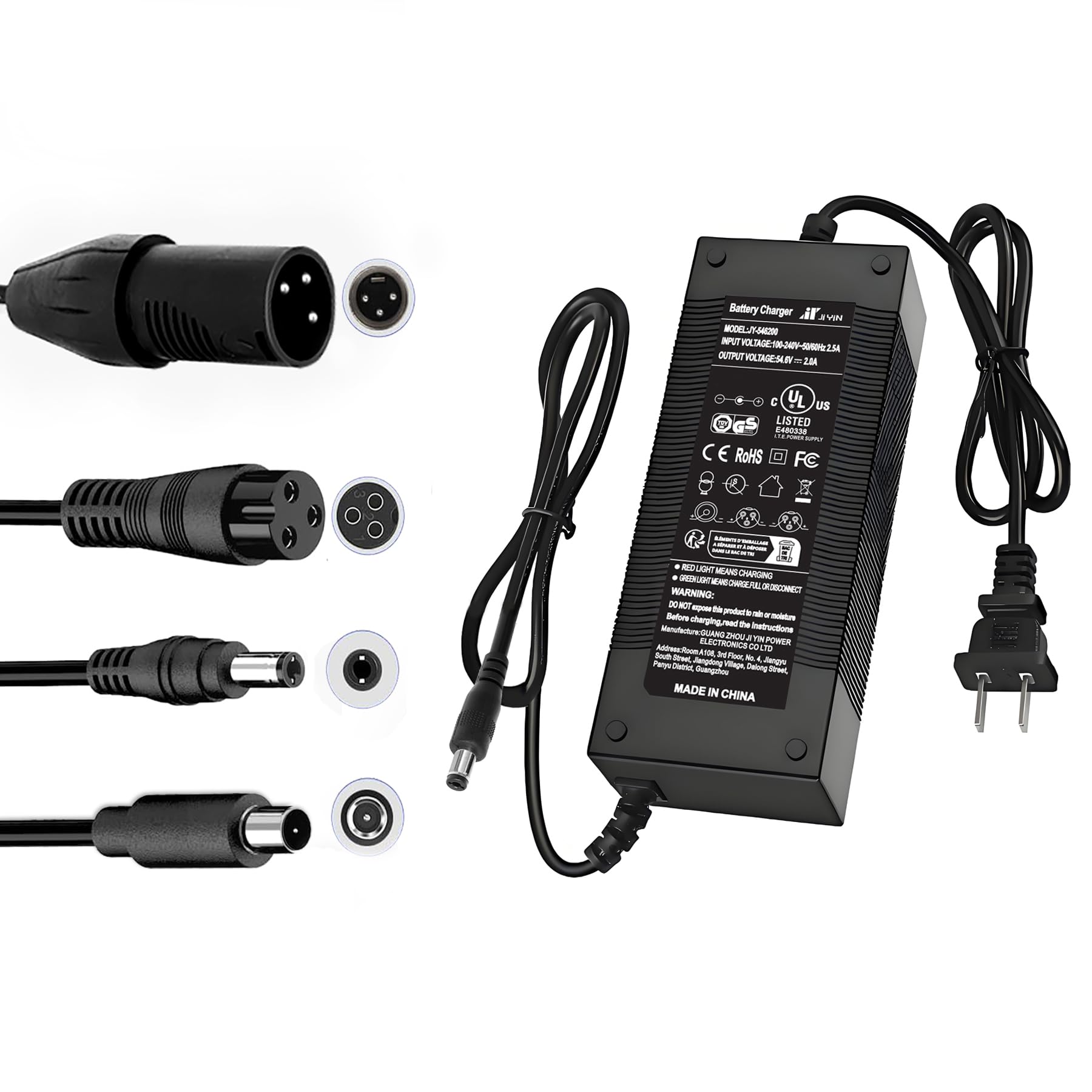 Brokeir cargador 54.6V vista frontal mostrando diseño compacto y seguridad