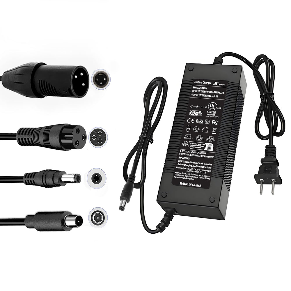 Brokeir cargador 54.6V vista frontal mostrando diseño compacto y seguridad