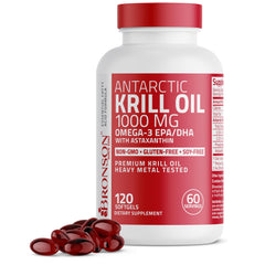 Bronson frasco frontal de Antarctic Krill Oil 120 cápsulas con información clara
