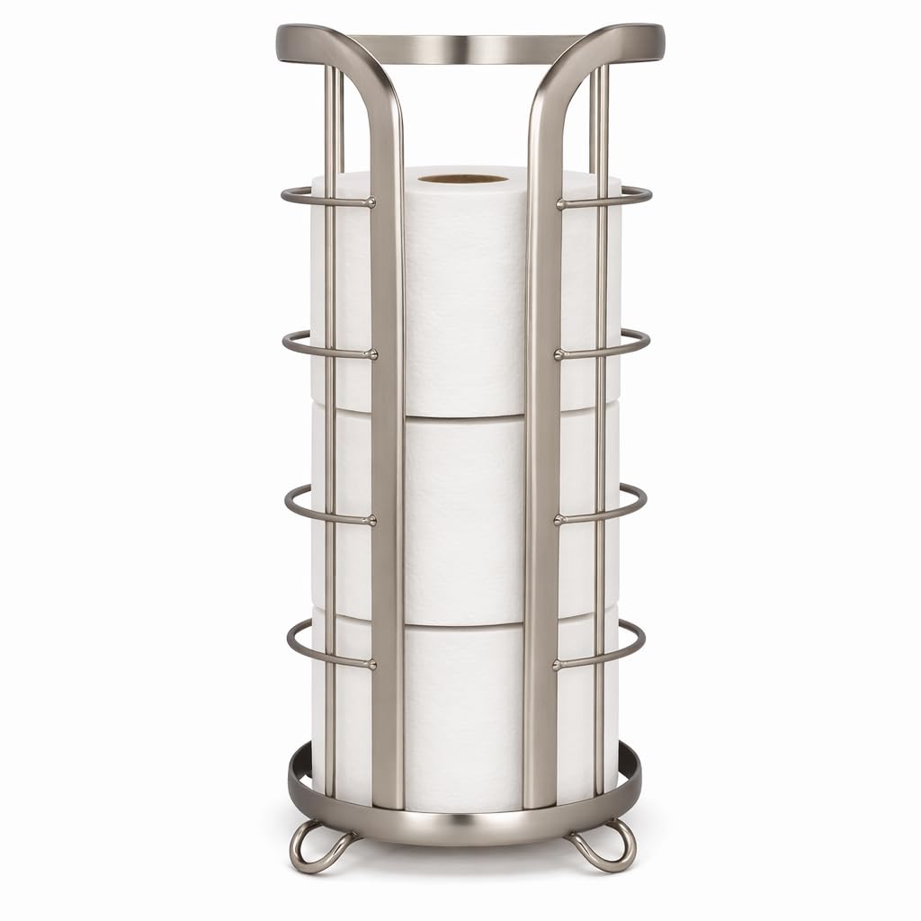 BROOKSTONE vista frontal del soporte en níquel con capacidad para 3 rollos y estética moderna