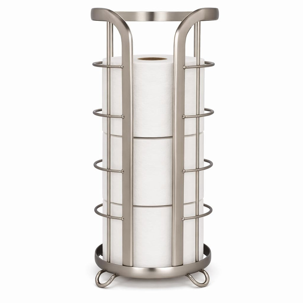 BROOKSTONE vista frontal del soporte en níquel con capacidad para 3 rollos y estética moderna