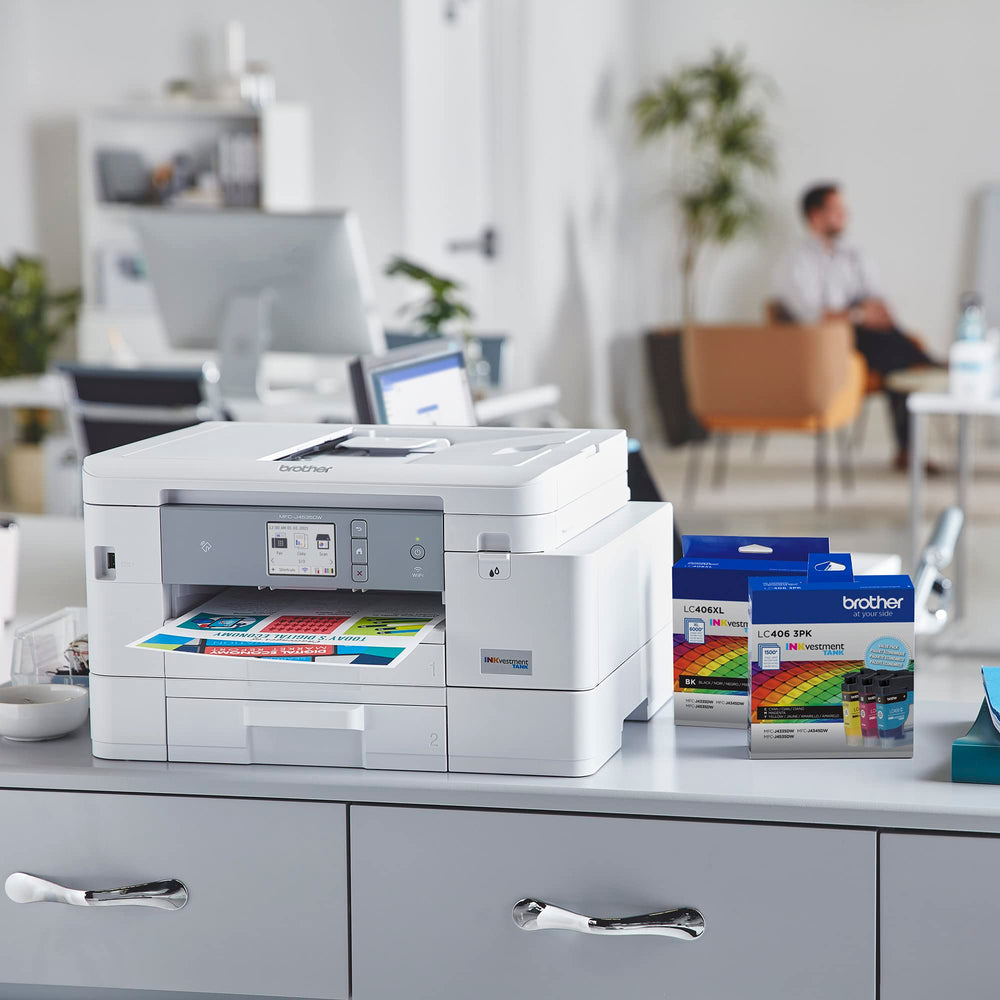 Brother LC406 cartridges lined up showing color identification for fast swaps