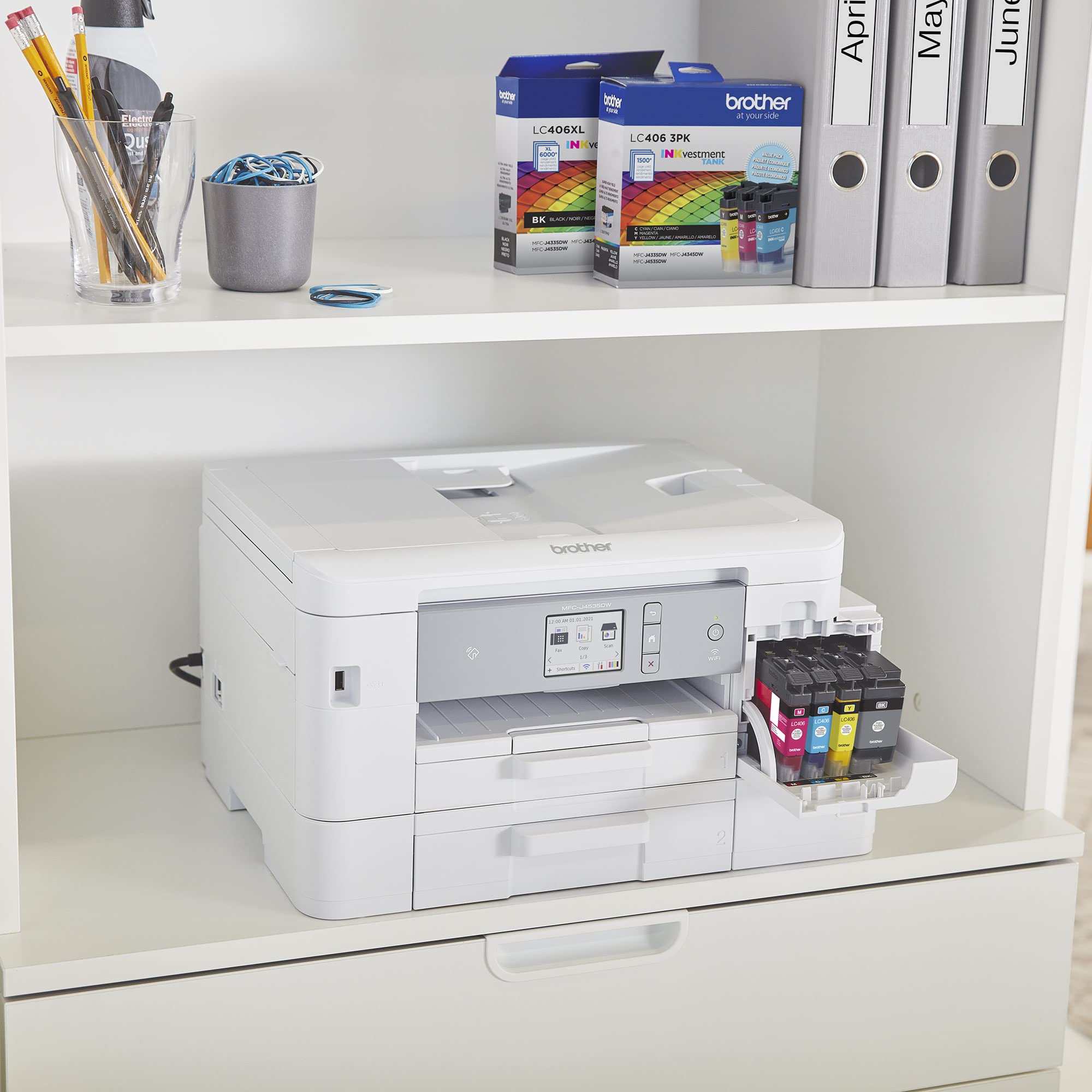 Brother LC406 cartridge installed in Brother printer for quick front-loading benefit