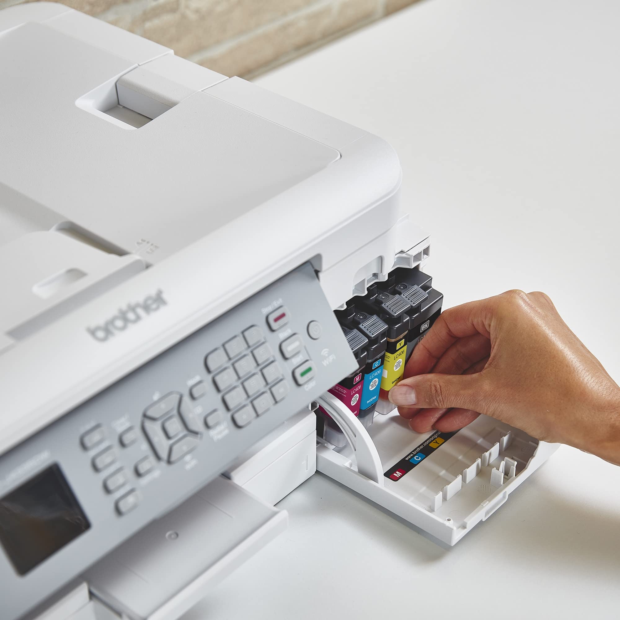 Brother LC406 label and chip detail showing genuine-brand authentication benefit